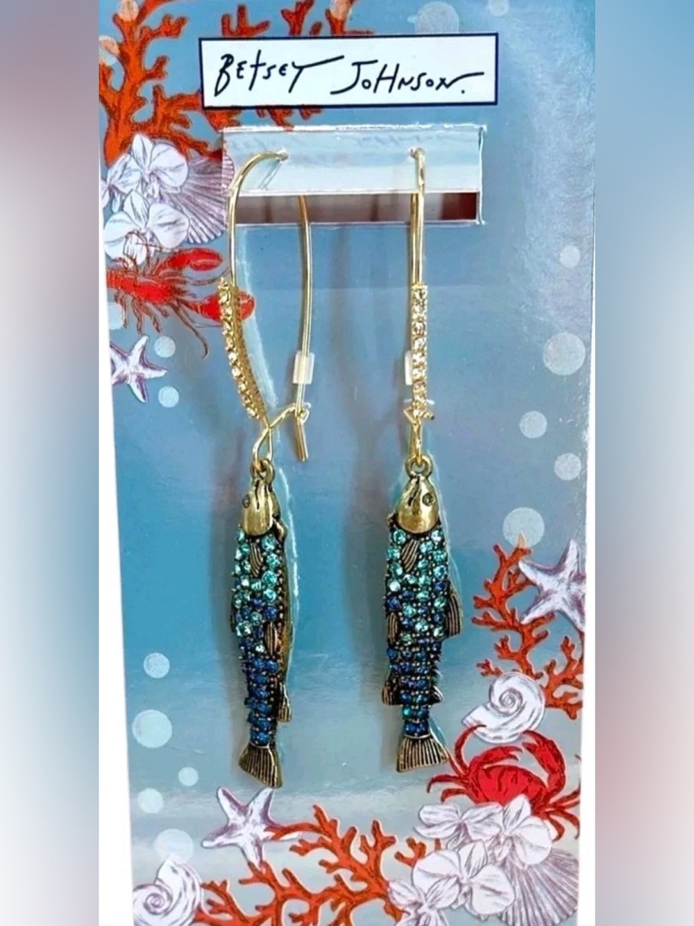 Betsey Johnson Blue Crystal Fish Drop Earrings - Picture 2 of 16